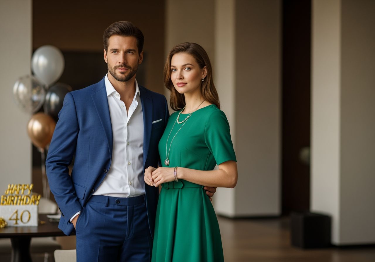 Elegantný muž a žena na 40. narodeninovej oslave v modernej interiérovej scéne.