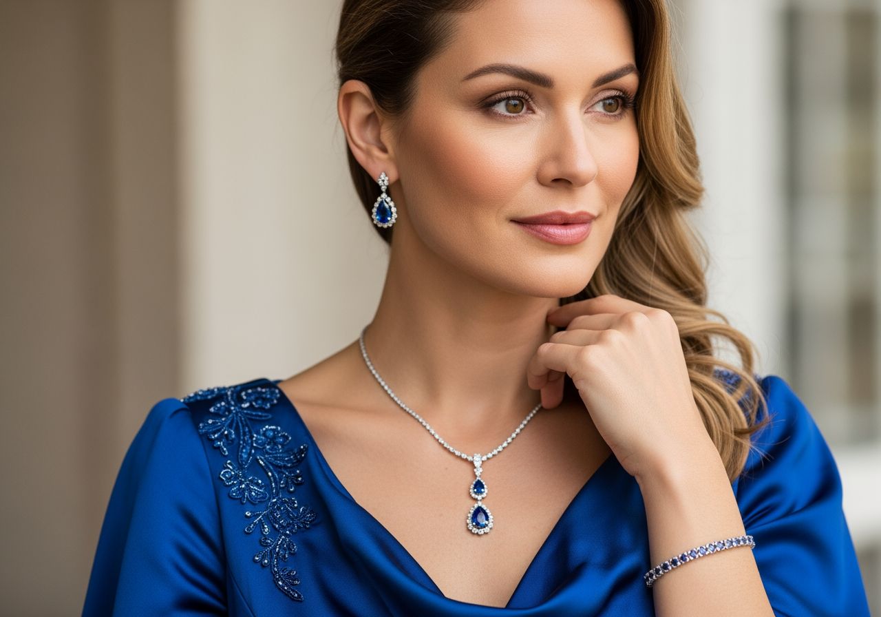 Žena v modrých večerných šatách so šperkami z modrých diamantov, mäkké osvetlenie, lenivá hĺbka ostrosti