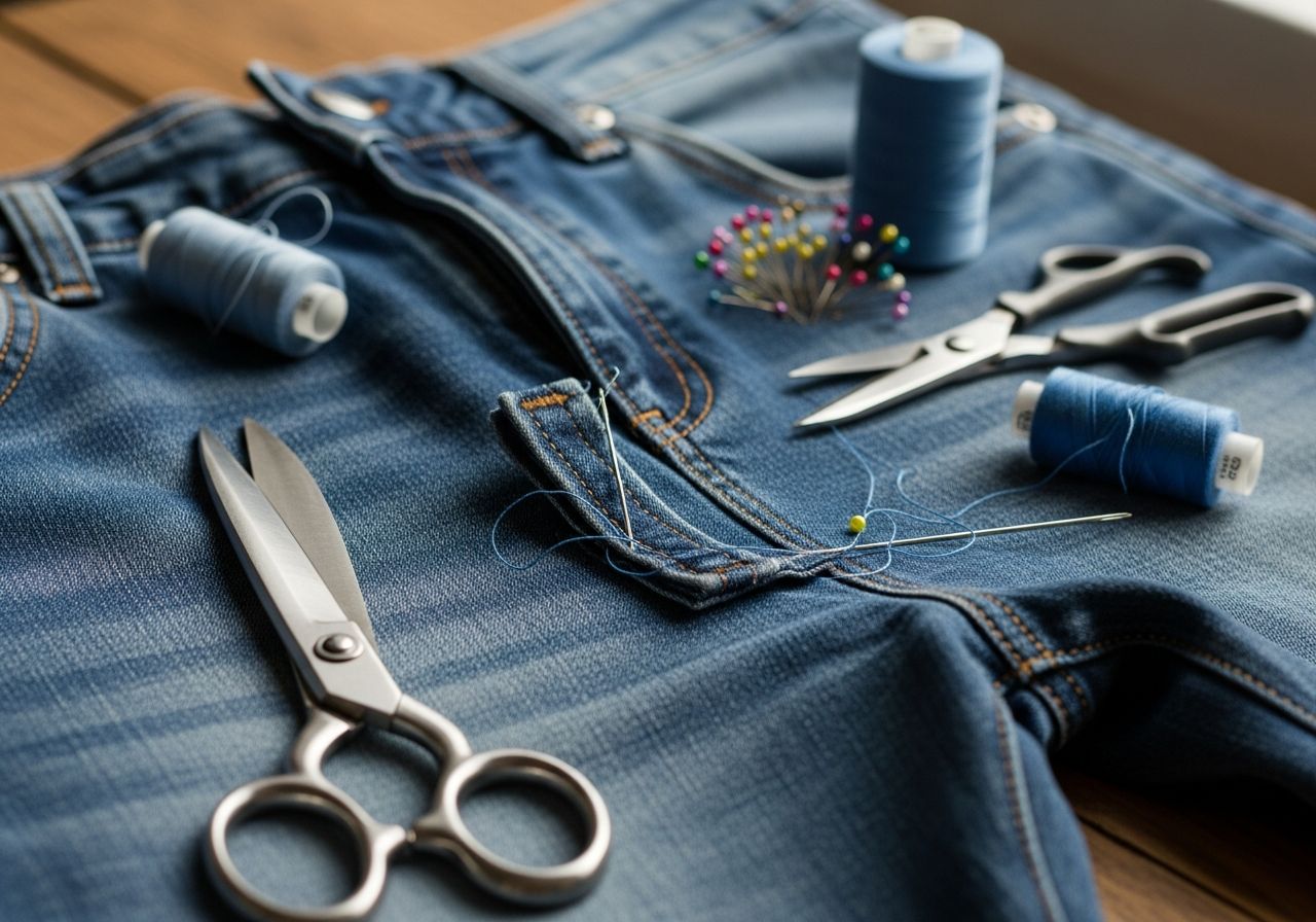 Blízky pohľad na modré džínsy boyfriend, ručne upravované na drevenom stole s krajčírske nástroje.