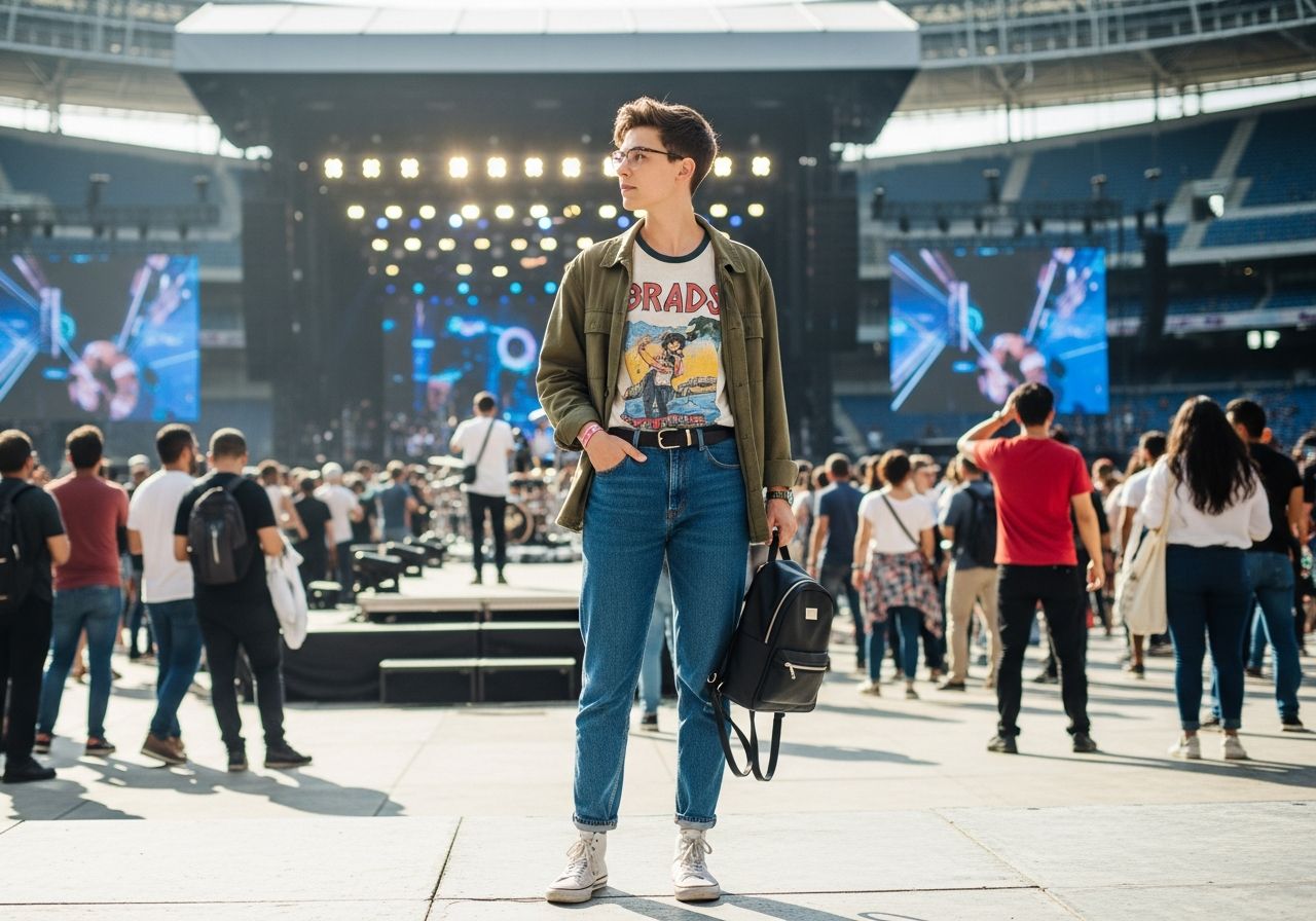 Mladý človek v džínsach a tričku na vonkajšom koncerte s davom a javiskom za ním.