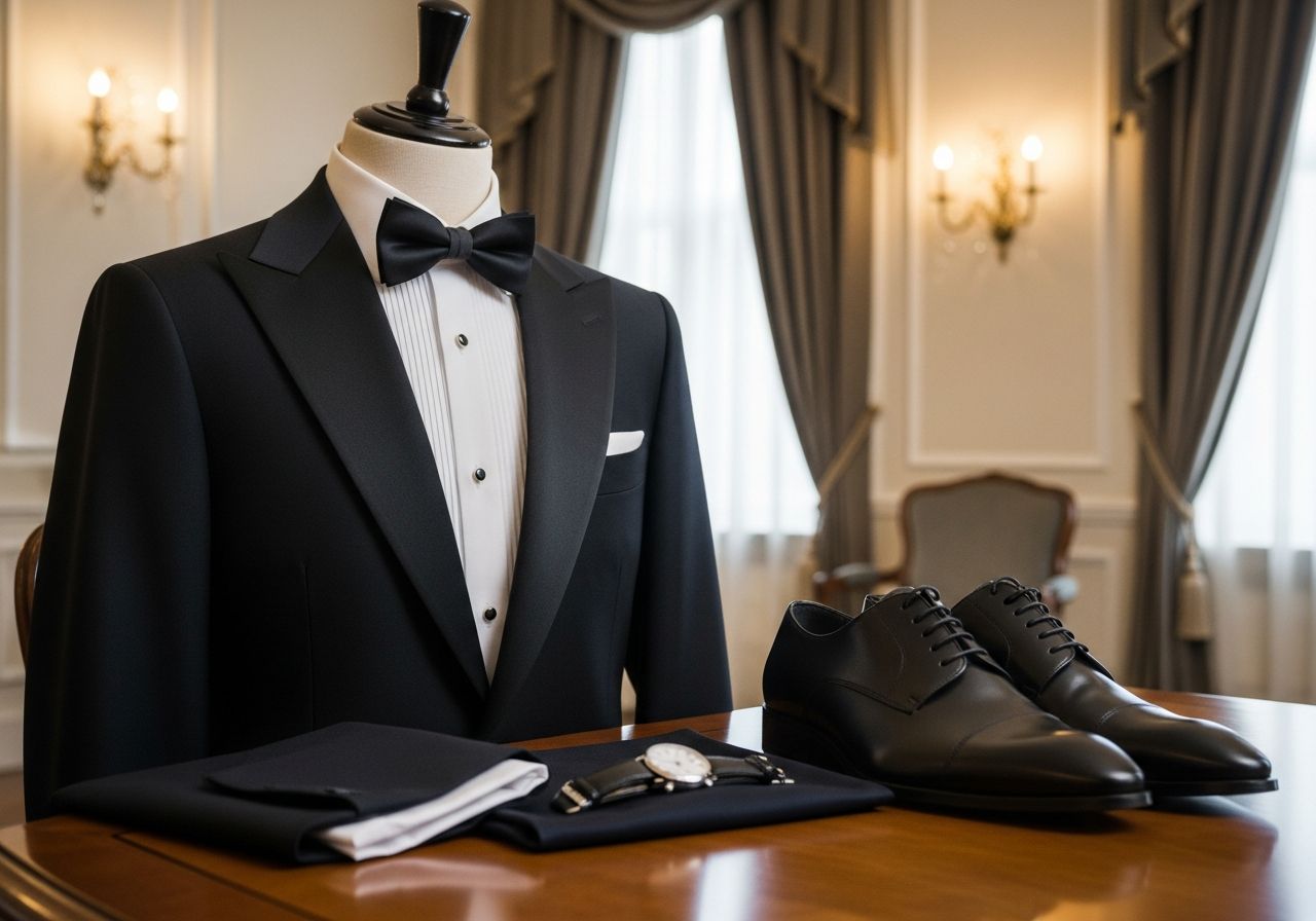 Fotorealistický obrázok elegantného pánskeho obleku so sakom, kravatou, topánkami a hodinkami.