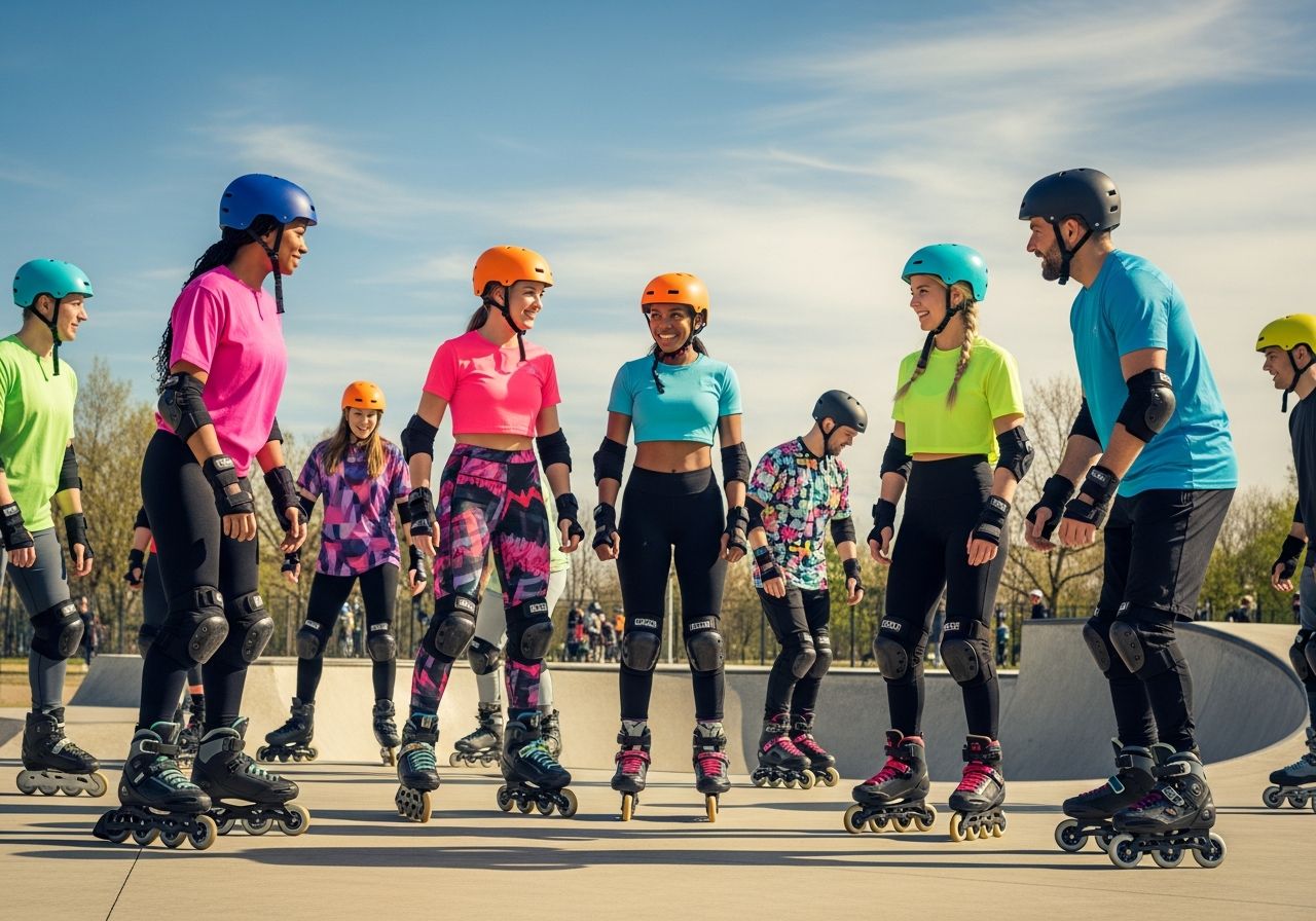 Ľudia v skateparku pripravení na kolieskové korčule s ochranou za jasného slnečného dňa