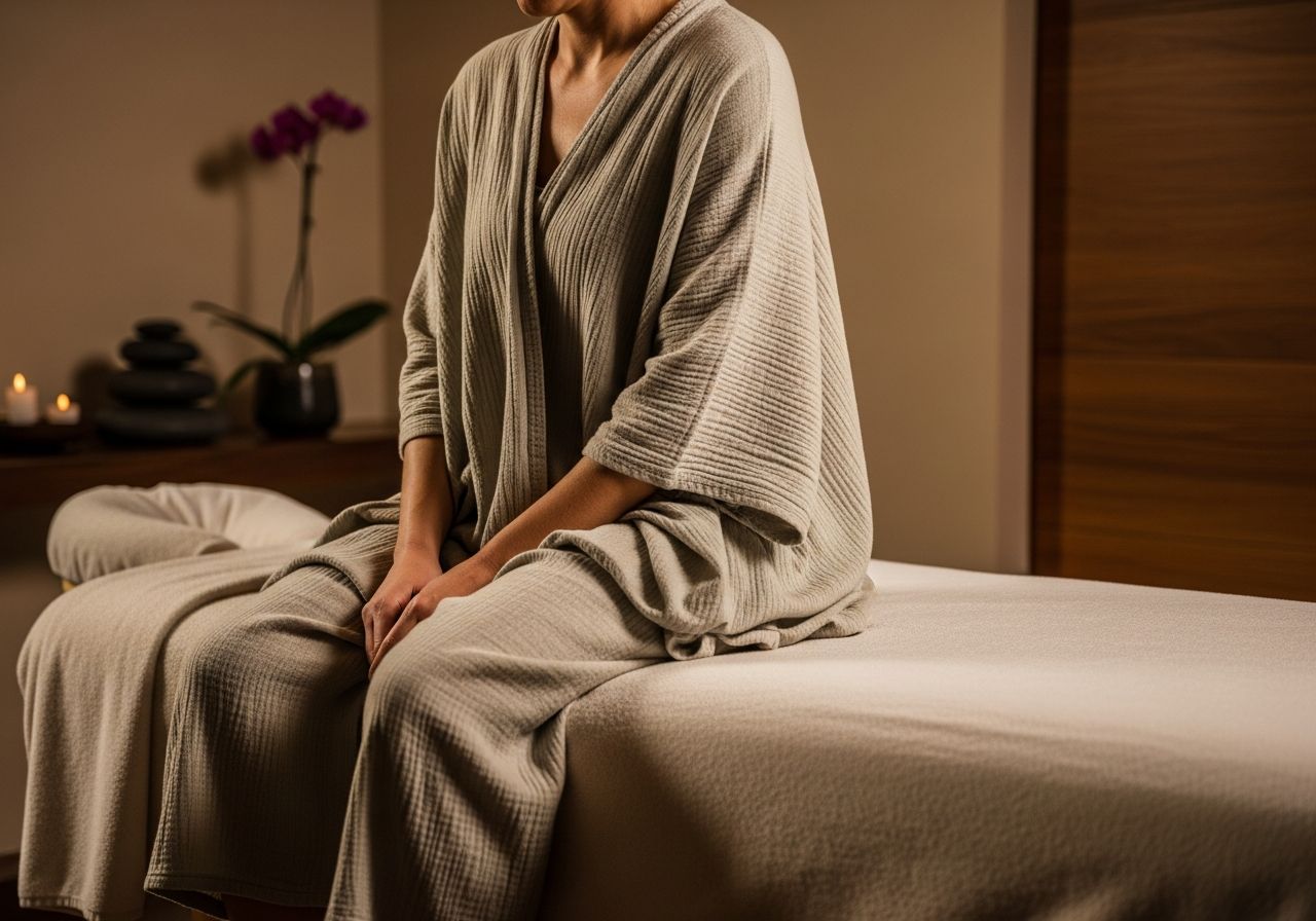Osoba sedí na masážnom stole v pohodlnom oblečení v pokojnom prostredí spa.