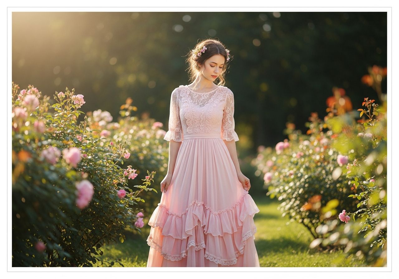 Mladá žena v ružových šatách stojí v záhrade plnej ruží, jemne ozdobená kvetmi vo vlasoch.