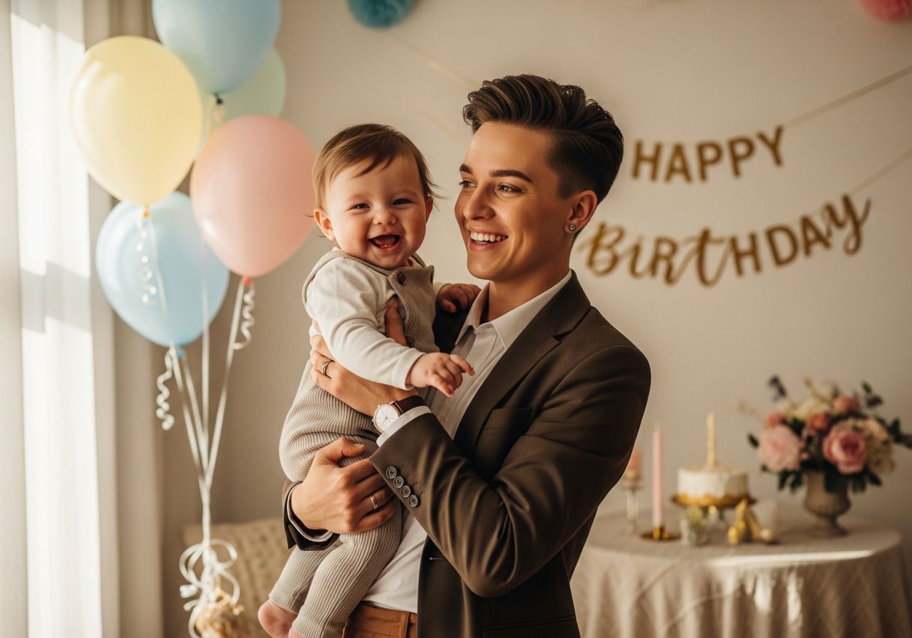 Mladý rodič drží usmievajúce sa ročné dieťa na rodinnej oslave narodenín v interiéri.