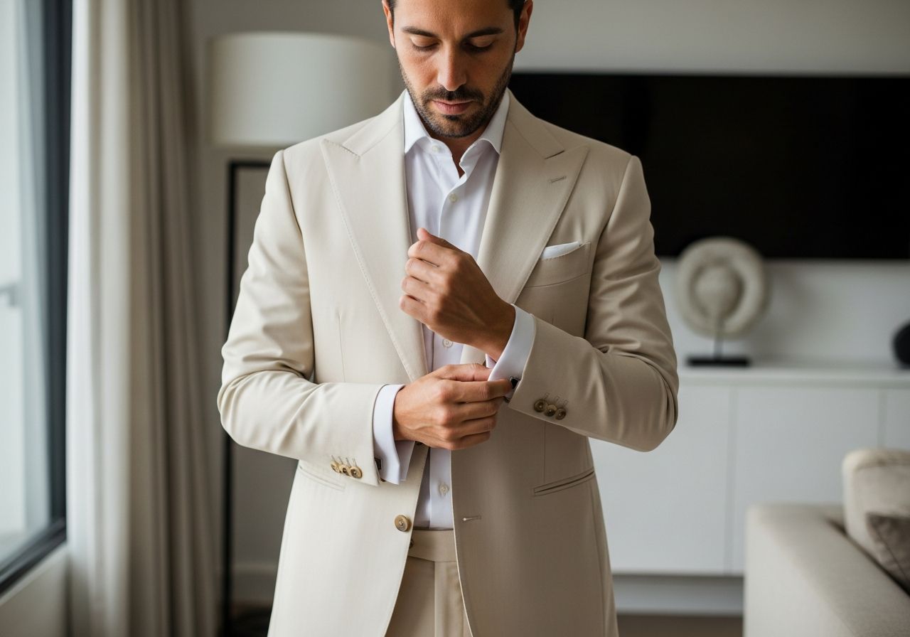 Muž v béžovom obleku upravuje manžetové gombíky v modernom osvetlenom priestore.