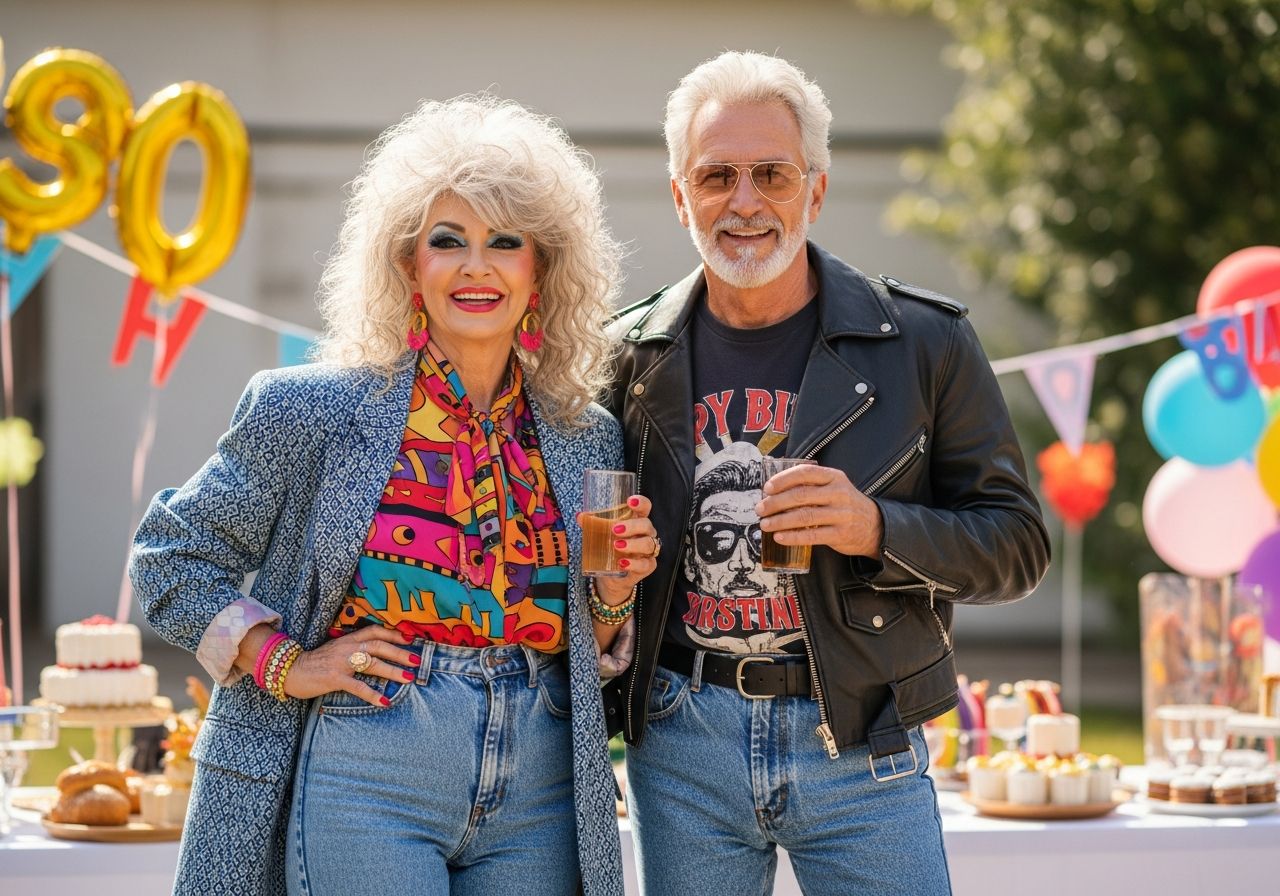 Starší pár v 80. rokov oblečení vonku na narodeninovej oslave, držia nápoje, pozadie so zábavou