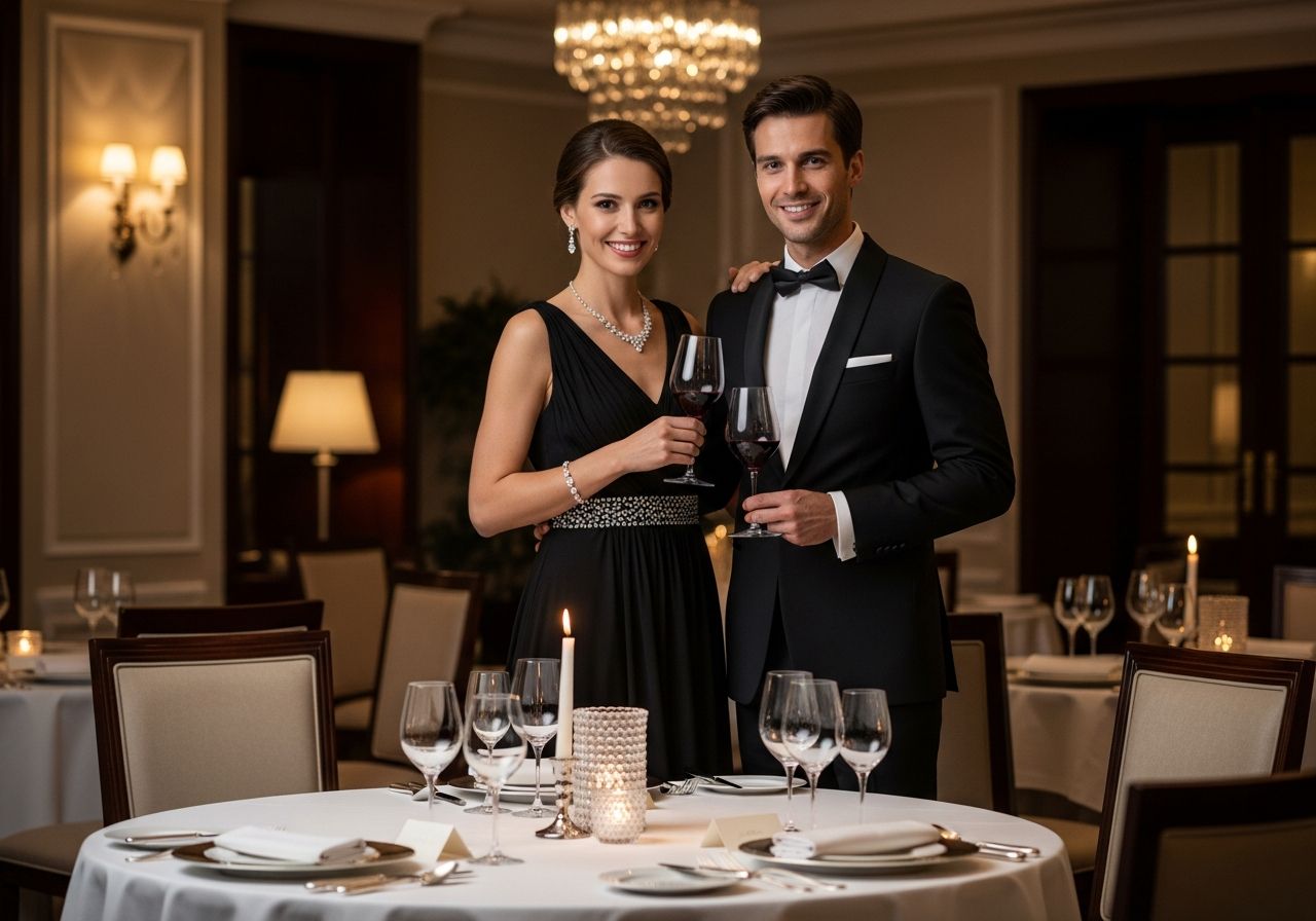 Elegantný pár v spoločenskej večernej miestnosti so sklom vína a stolovaním.