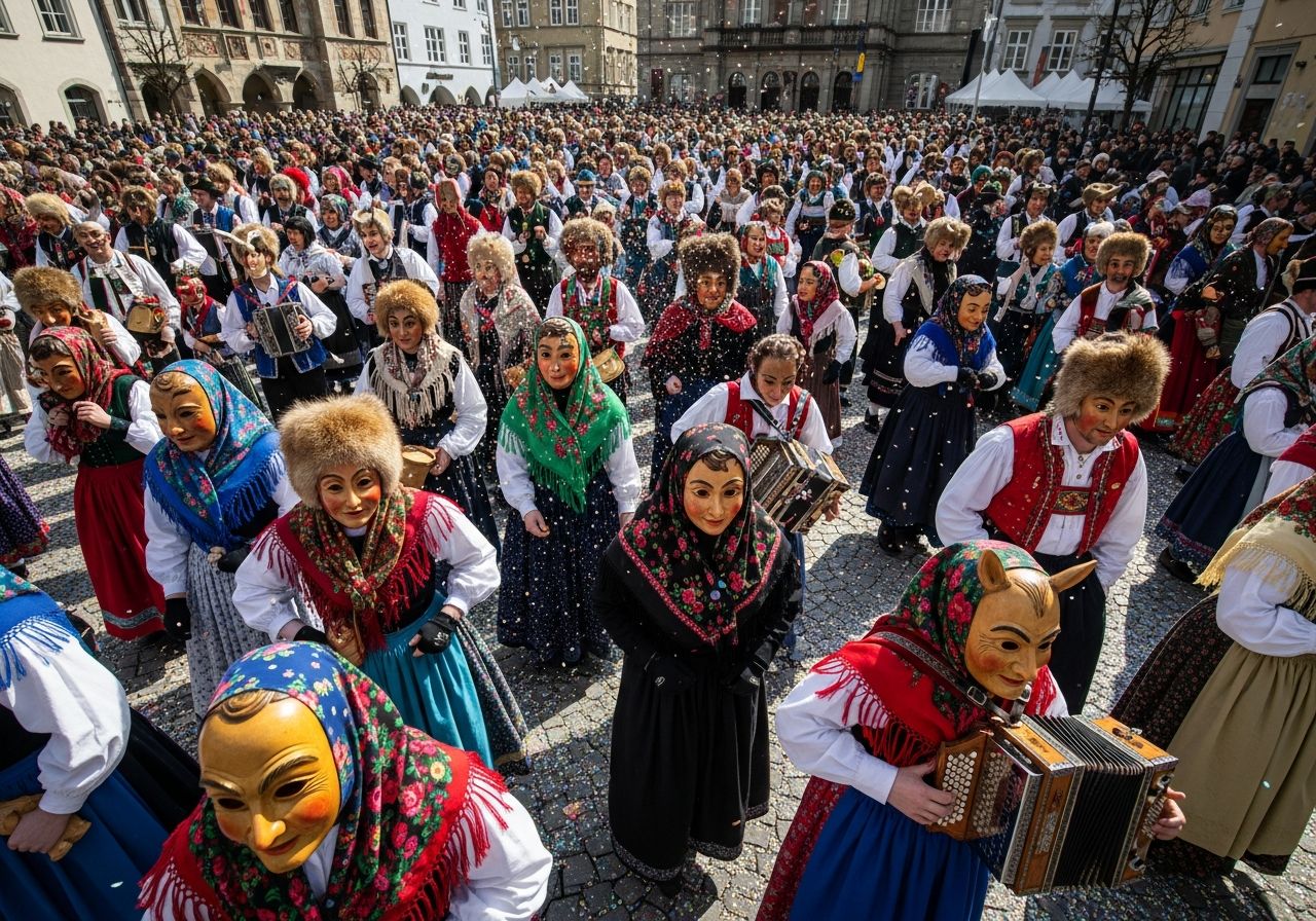 Ľudia v tradičných farebných krojoch a maskách na vonkajšom fašiangovom karnevale za denného svetla
