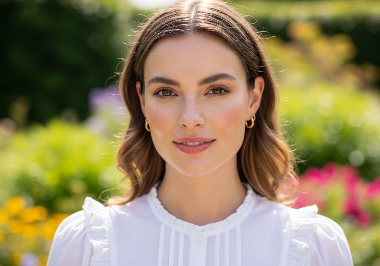 Žena v bielej blúzke so záhradným pozadím a rozostrenou zeleňou na dennom svetle