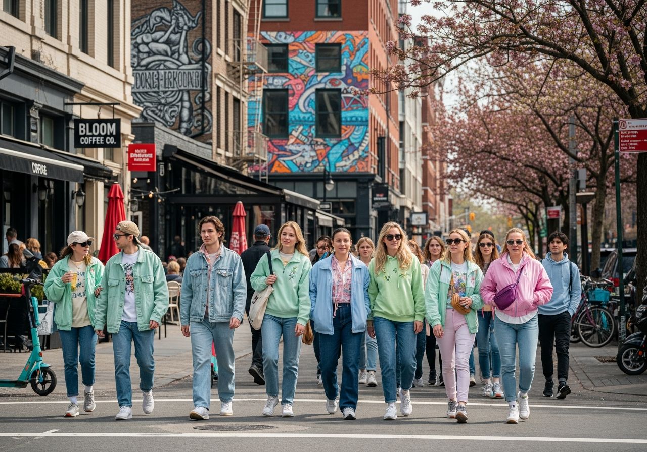 Mestská ulica na jar s mladými ľuďmi v pohodlnom ulicnom oblečení a kvetinových vzoroch.