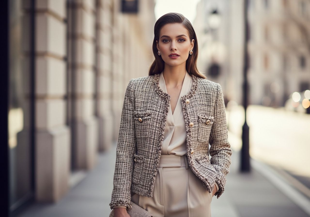 Žena v klasickej Chanel tweedovej bunde na mestskom ulici s elegantným outfitom a prirodzeným svetlom