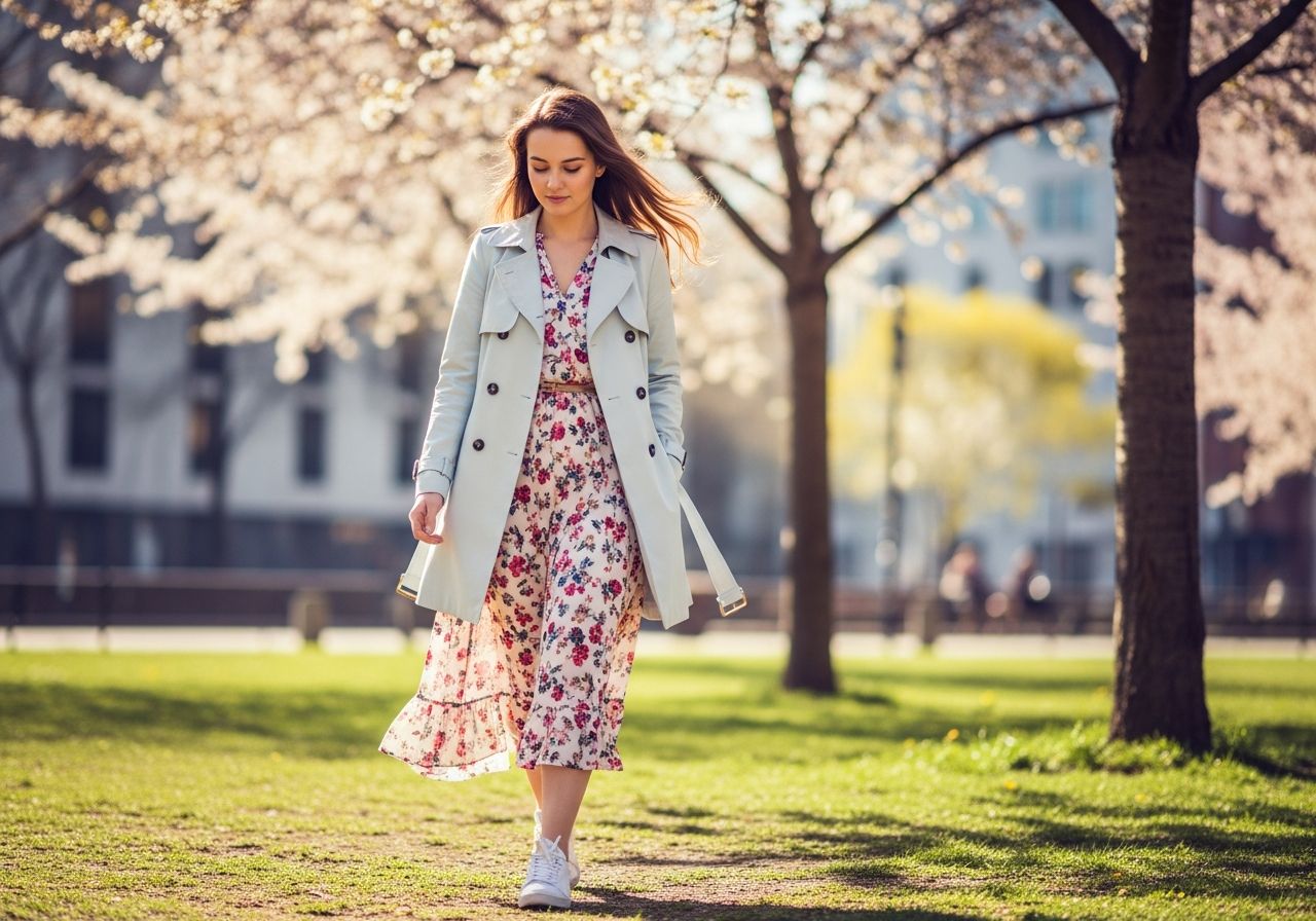 Mladá žena v pastelovom kabáte a kvetinových šatách kráča v parku s rozkvitnutými čerešňami na jar