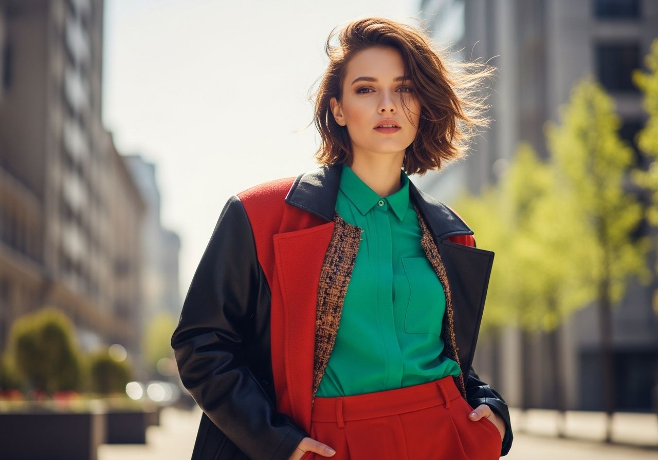 Mladá žena so štýlovým oblečením stojí na slnečnej mestskej ulici, v pozadí rozmazané budovy a zeleň.