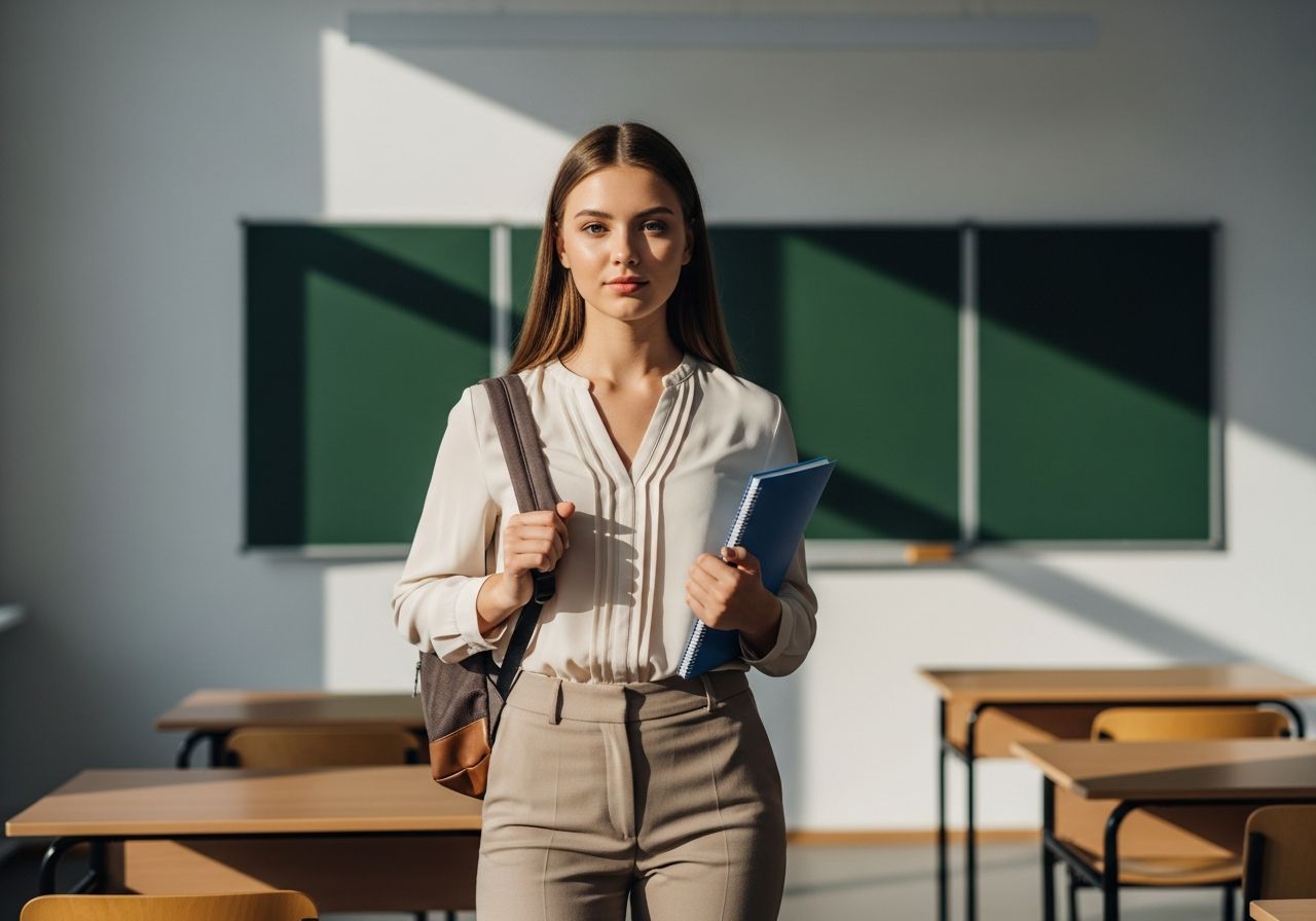Sebavedomá tínedžerka v triede drží batoh a zošit pred skúškou.