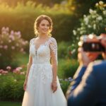 Nevesta v elegantných svadobných šatách v záhradnom svetle s vintage fotoaparátom.