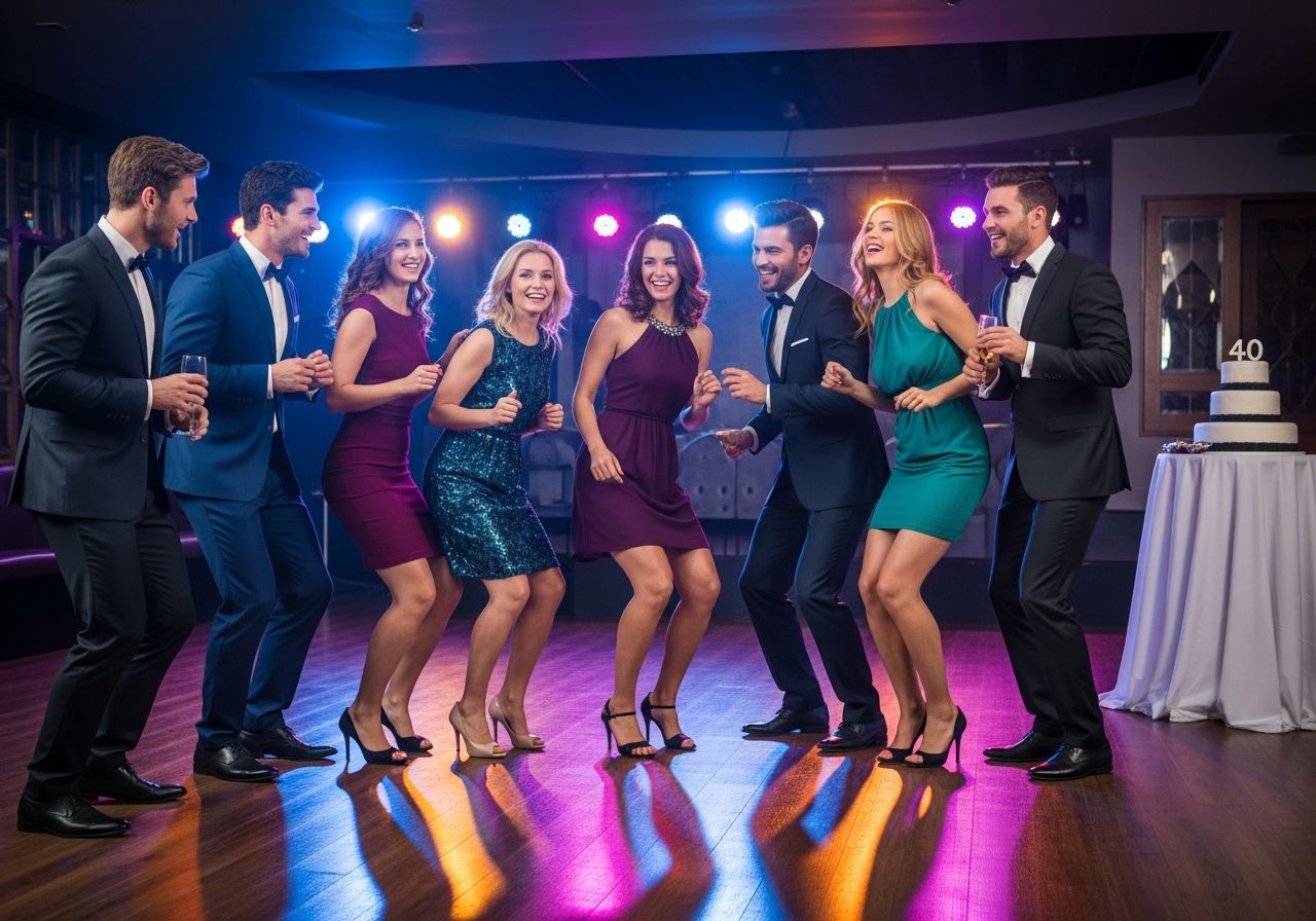 Skupina ľudí oslavuje 40. narodeniny v elegantnom klube so živou atmosférou a tancom.