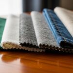 detailný záber rôznych látok ako hodváb, bavlna, vlna, džíns a ľan na drevenom stole