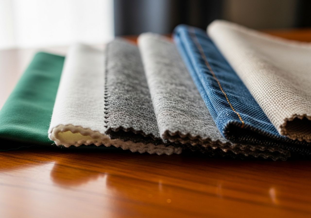 detailný záber rôznych látok ako hodváb, bavlna, vlna, džíns a ľan na drevenom stole