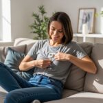 Mladá žena sedí na pohovke a upravuje biely Holter pripevnený na hrudi v svetlej obývačke