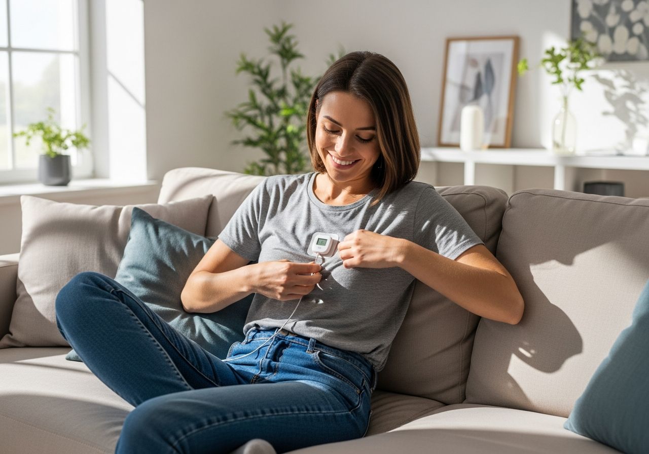 Mladá žena sedí na pohovke a upravuje biely Holter pripevnený na hrudi v svetlej obývačke