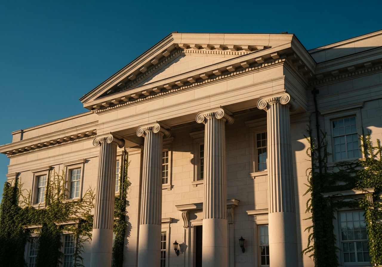 Fasáda neoklasicistickej budovy s bielymi mramorovými stĺpmi, popínavá zeleň a jasná modrá obloha.