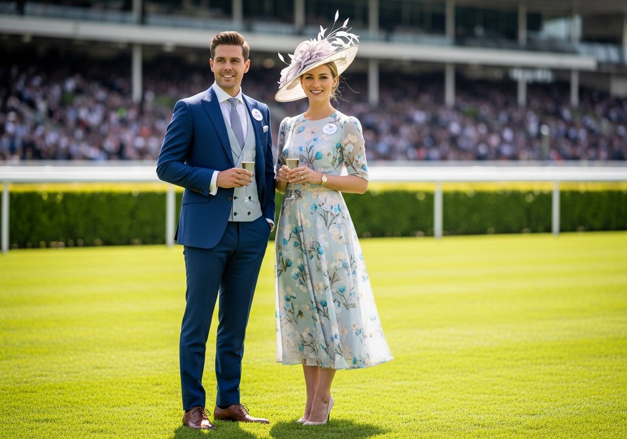 Muž v obleku a žena v šatách stoja s pohármi šampanského na dostihovej dráhe.