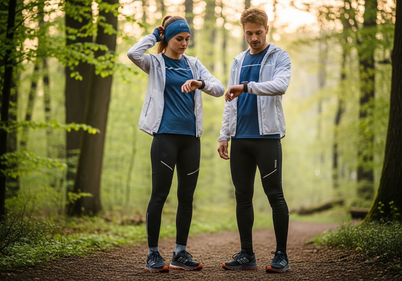 Muž a žena v bežeckom oblečení na lesnej ceste za ranného svetla, žena si upravuje čelenku.