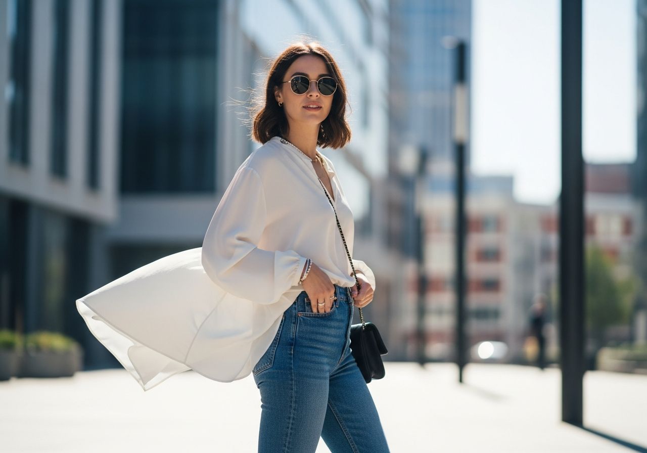 Mladá žena v voľnej blúzke a džínsach pózuje na mestskom pozadí za denného svetla.