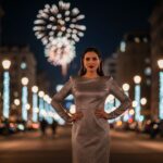 žena v elegantných šatách v nočnej mestskej atmosfére s jemnými svetlami a ohňostrojmi v pozadí