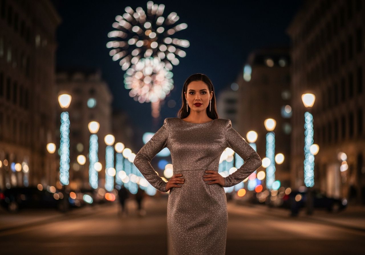 žena v elegantných šatách v nočnej mestskej atmosfére s jemnými svetlami a ohňostrojmi v pozadí