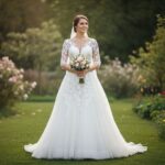 nevesta v tradičných svadobných šatách s kvetinovou kyticou v záhrade pri mäkkom prirodzenom svetle