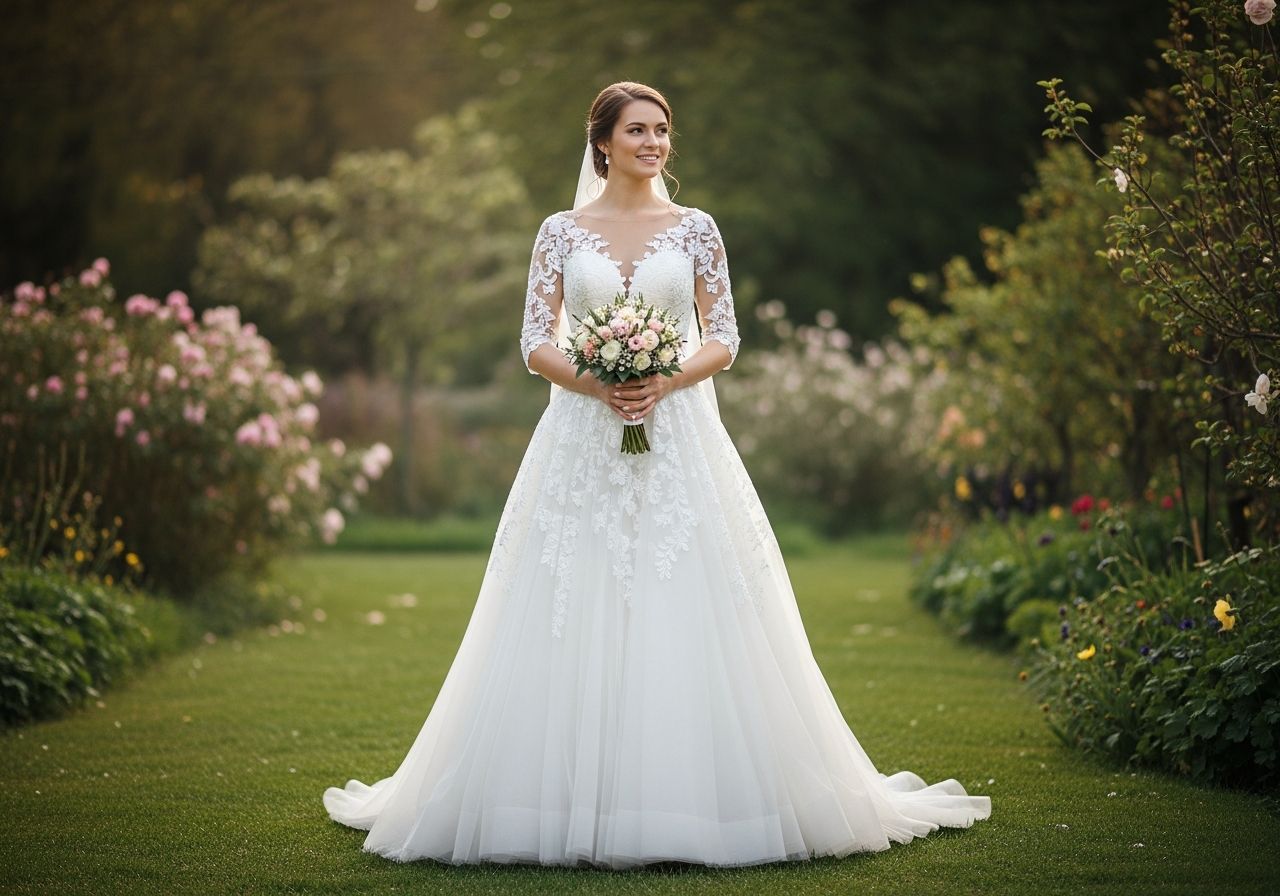nevesta v tradičných svadobných šatách s kvetinovou kyticou v záhrade pri mäkkom prirodzenom svetle