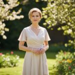 Elegantná zrelá žena v pastelových šatách stojaca v záhrade s kvetmi a jemným osvetlením