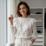 Žena v bielej blúzke s volánmi stojí v modernom svetlom priestore pri okne.