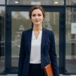 profesionálna žena v tmavomodrom saku stojaca pred modernou notárskou kanceláriou s portfóliom v ruke