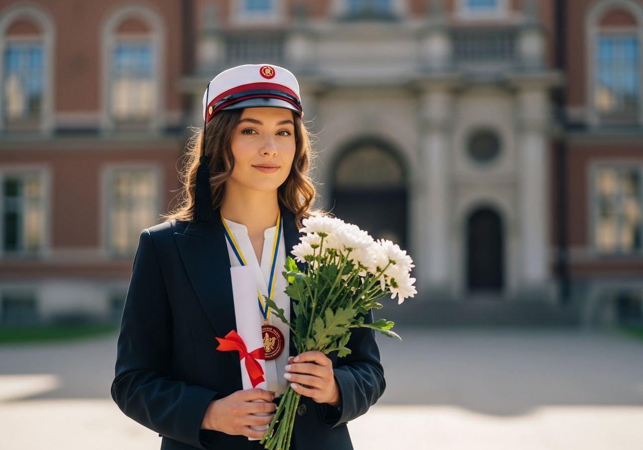 Mladá žena v maturitnom odeve s čiapkou, držiaca kyticu a diplom pred historickou univerzitou.