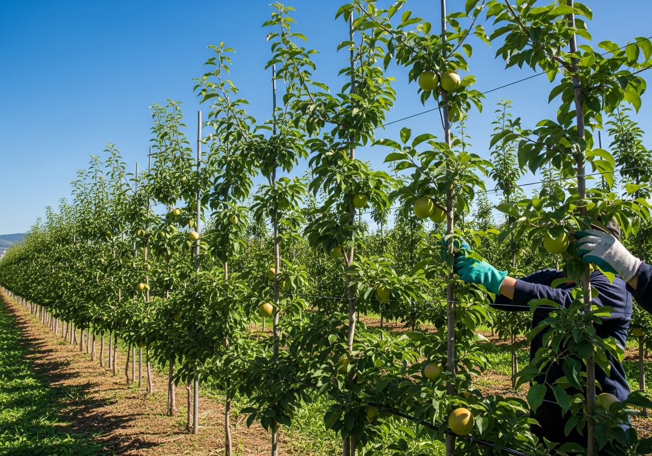 Orchard s technikou vedenia stromov Ramon s usporiadanými stromami a osobou ošetrovaním.