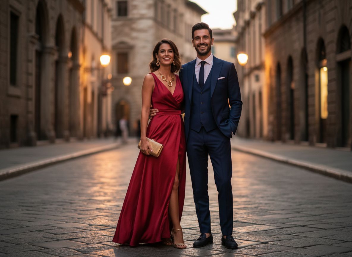 Štýlový pár v elegantnom talianskom oblečení stojí na kamennej ulici v talianskom meste za súmraku.