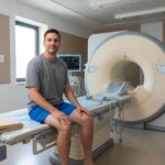 Pacient sedí na nemocničnej posteli pripravený na MRI kolena v modernej zobrazovacej miestnosti.