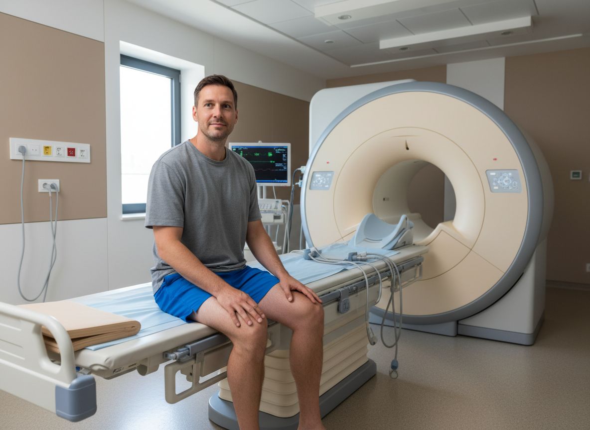 Pacient sedí na nemocničnej posteli pripravený na MRI kolena v modernej zobrazovacej miestnosti.